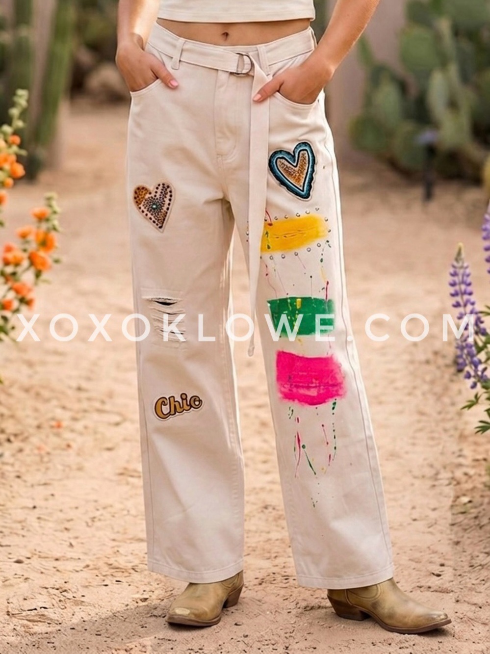 POL Cream Rhinestone Patch Wide Leg Pants | Painted High Rise Elastic Waist